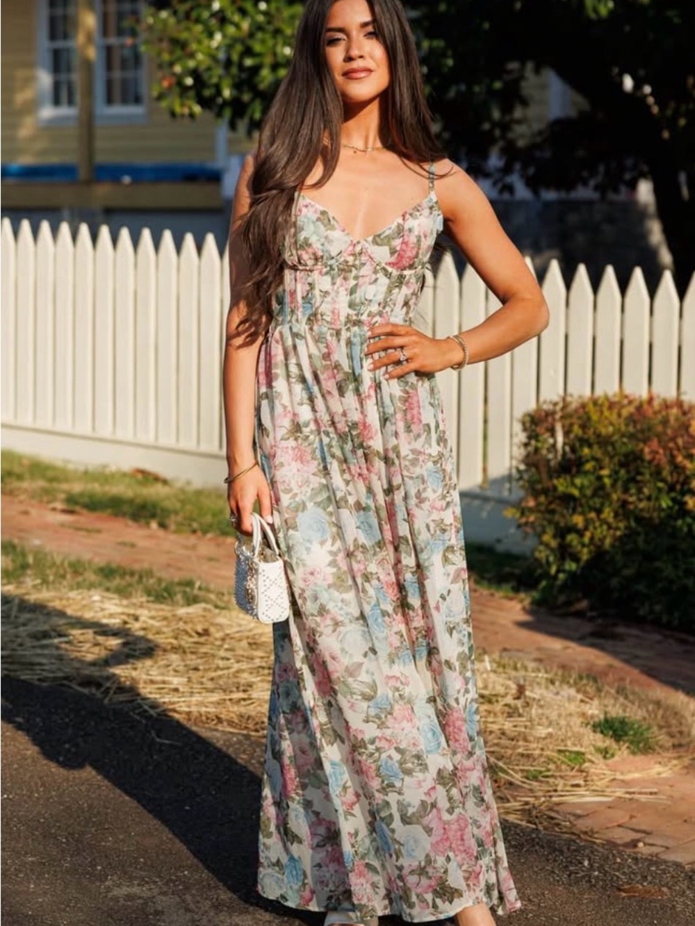 Floral Spaghetti-Strap Maxi Dress - Pink & Blue